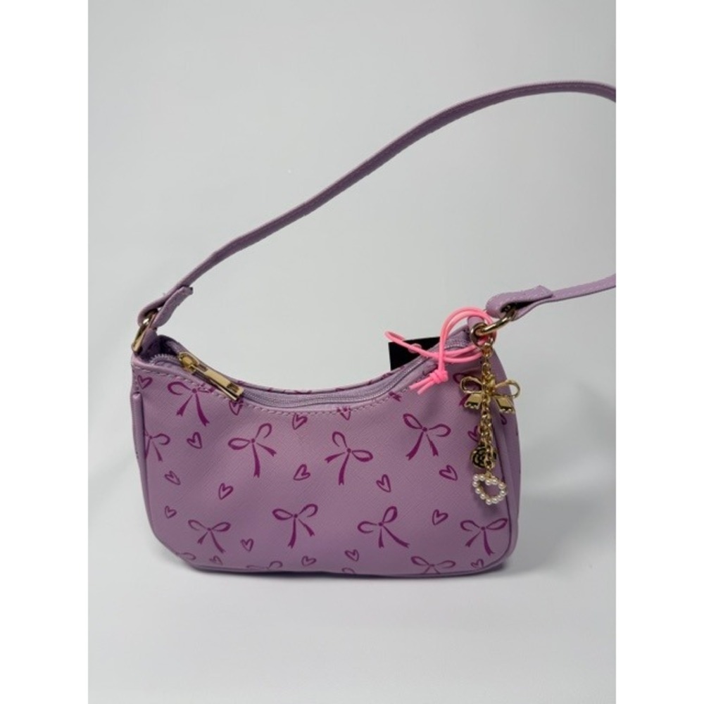 Purple Bow and Heart Print Mini Shoulder Bag with Gold Charm Accessory